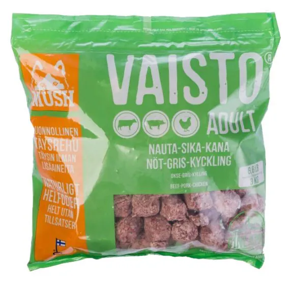 MUSH BARF Vaisto - Adult - Okse, Gris & Kylling - Grøn 3 kg. (denne vare kan kun afhentes i Hillerød)