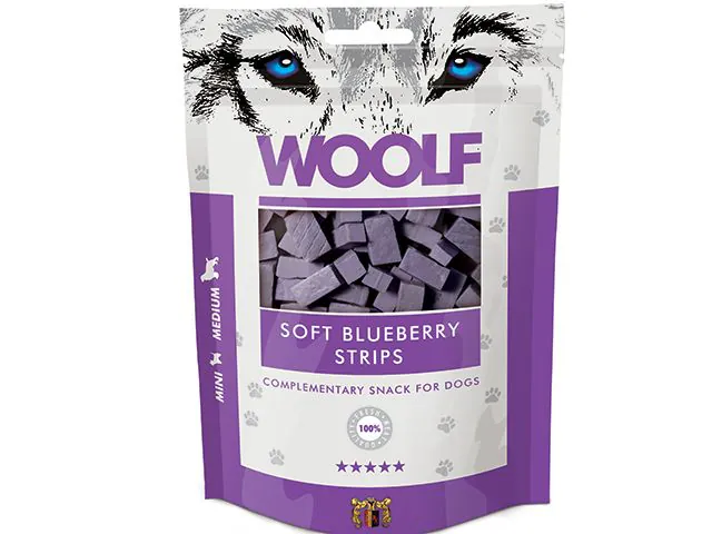 Woolf Soft Blueberry Strips (hundegodbidder m. Blåbær og kylling)