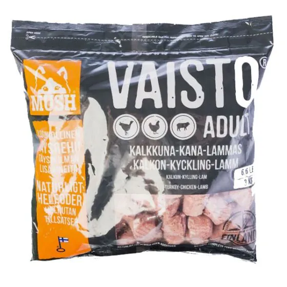 MUSH BARF Vaisto - Adult - Kalkun, Kylling & Lam - Grå 3 kg. (denne vare kan kun afhentes i Hillerød)