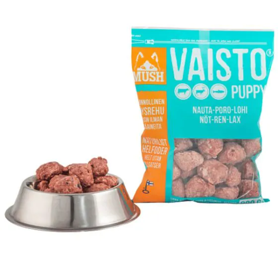 MUSH BARF Vaisto - Puppy - Okse, Laks & Rensdyr - Isblå 800 g. (denne vare kan kun afhentes i Hillerød)