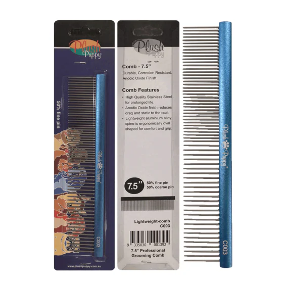 Plush Puppy - Blå Alu/stål hundekam C003 - 50 fin / 50 grov - 19 cm.