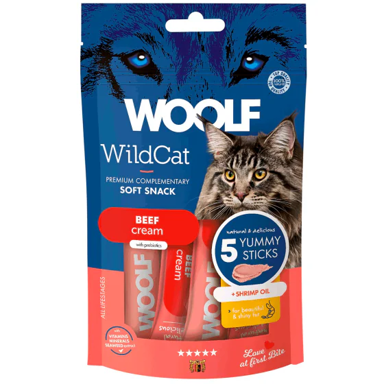 Woolf WildCat Cream Beef w. Shrimp Oil (okse / rejeolie)  - 5 stk.